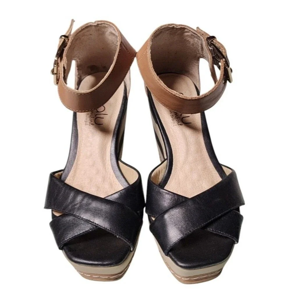 MALU Wedges Size 5 Leather Comfort Made in Brazil Striped Platform